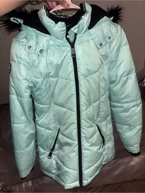 Justice Girls' Mint Puffer Jacket with Fur Hood